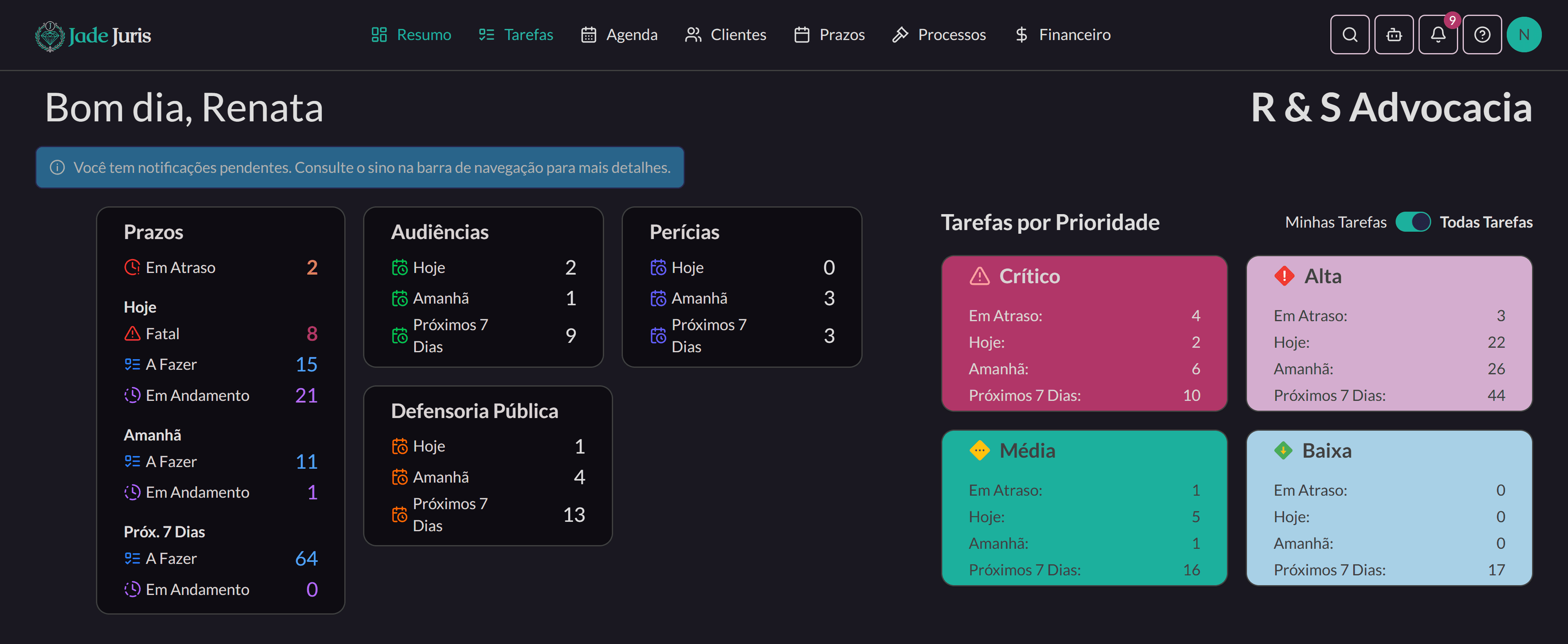 Dashboard do Jade Juris - Tema Escuro